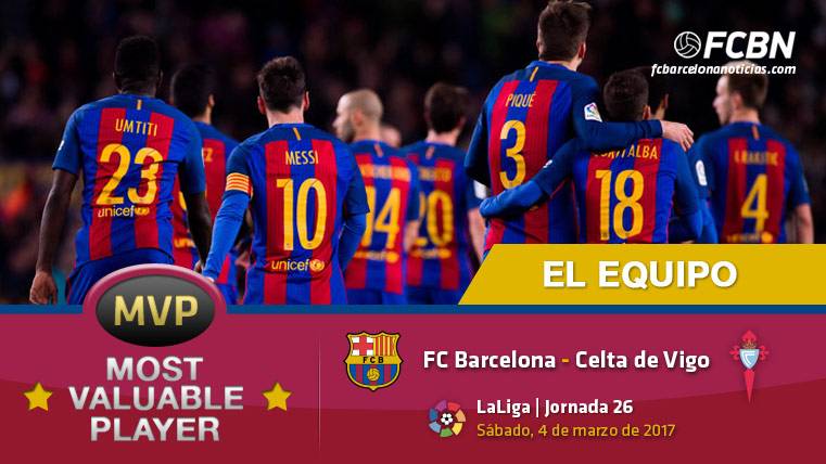 The whole team, “MVP” in front of the Celtic in the Camp Nou