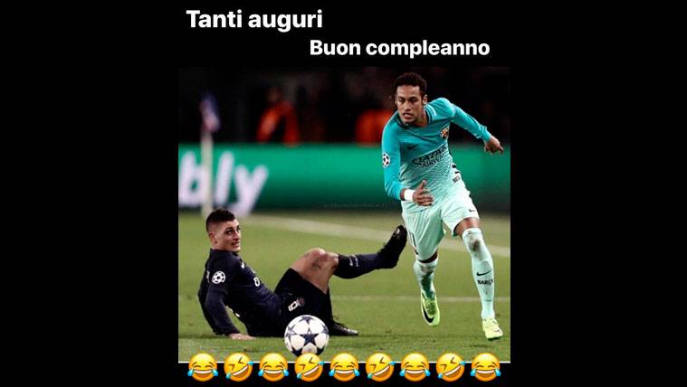 Neymar Congratulates to Marco Verratti, using a photo of the Barça!