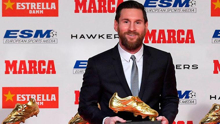 The reaction of Leo Messi after receiving his fifth Boot of Gold