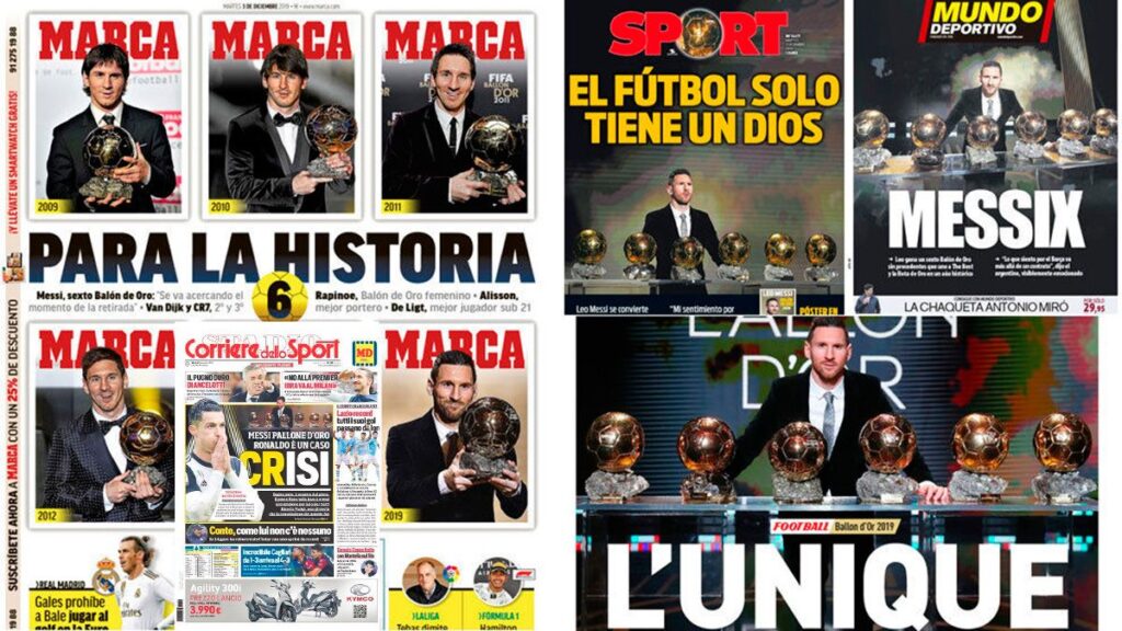 The world-wide press, to the feet of Messi after his sixth Golden Ball