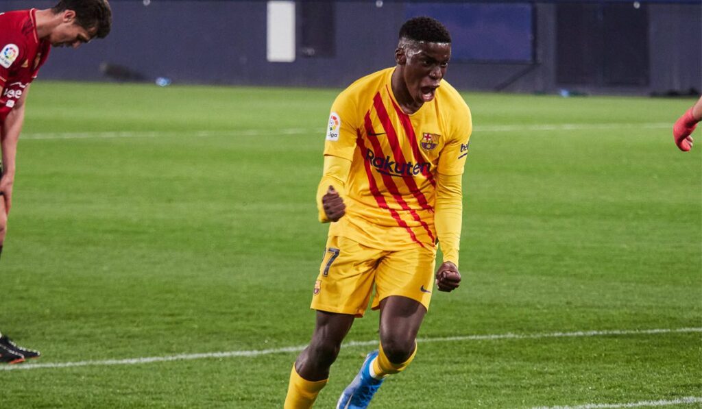 Ilaix Moriba, excited after scoring his first goal for FC Barcelona
