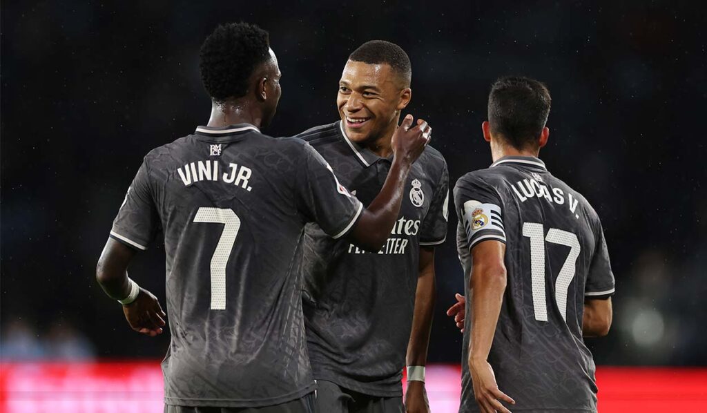Vinicius and Mbappé celebrating one of Real Madrid’s goals against Celta (1-2)