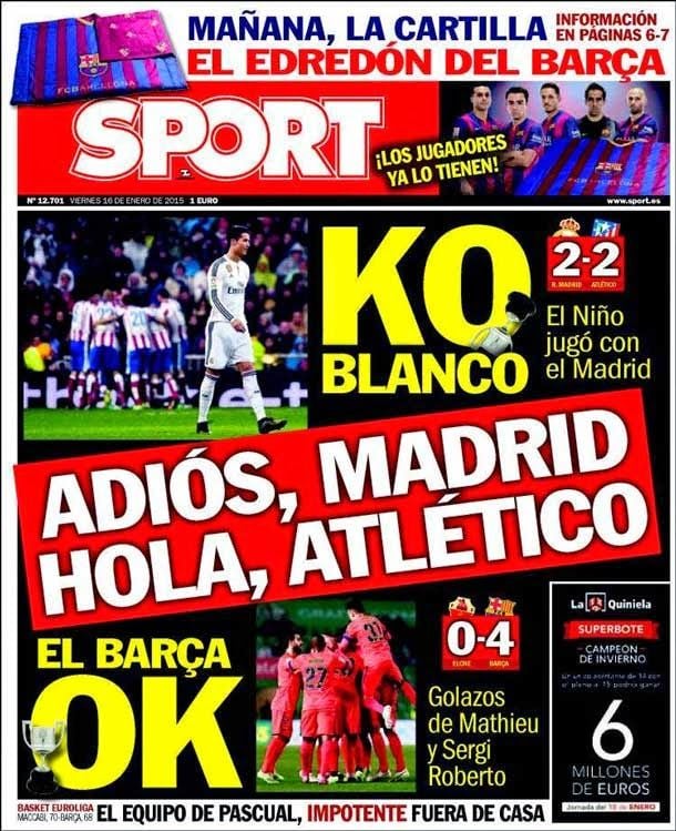 Portada Sport (16/01/2015) - Adiós, Madrid; Hola, Atlético ...