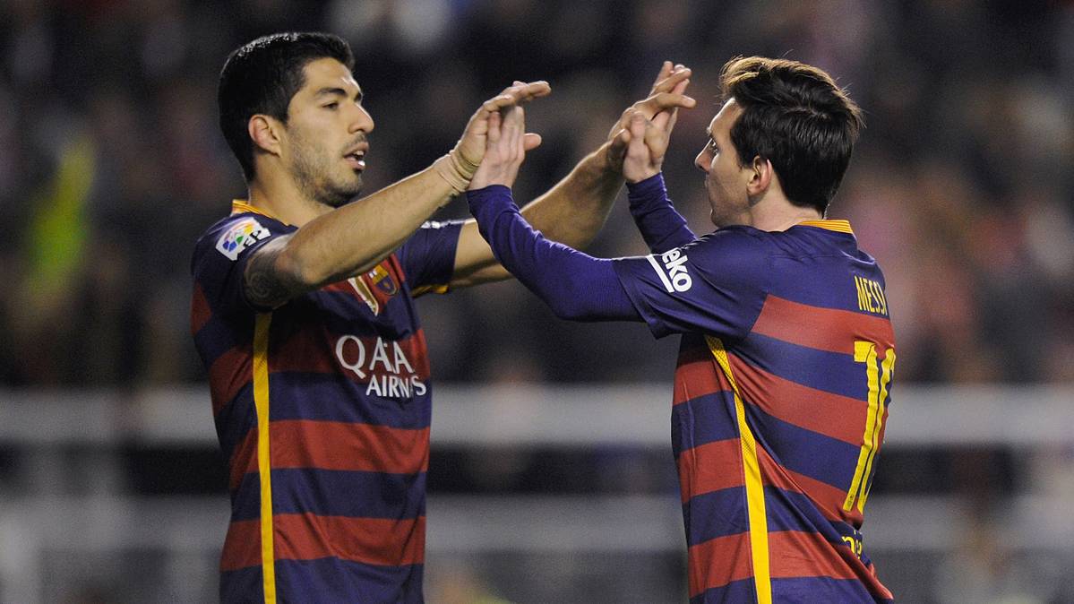 Messi and Suárez, celebrating a goal against the Ray Vallecano