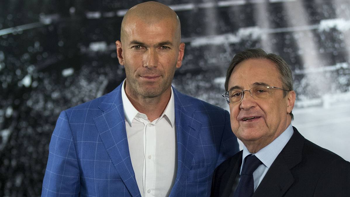 Zidane y Florentino, en el día de la presentación del galo como técnico