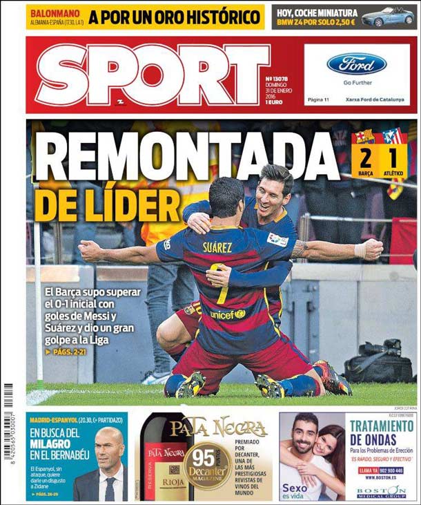 Cover of the newspaper sport, Sunday 31 January 2016