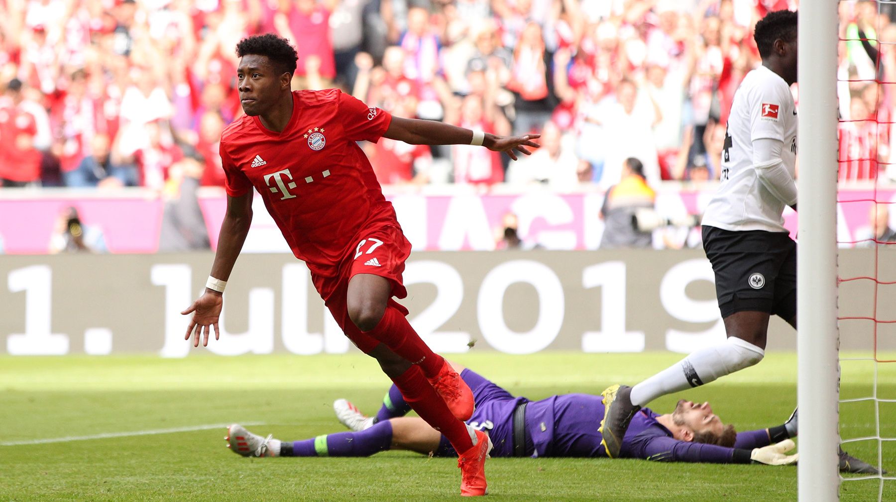 David Alaba, celebrating a scored goal with Bayern Munich