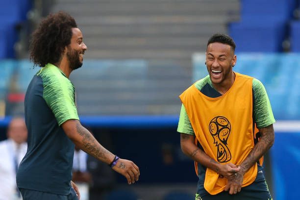 Neymar y Marcelo, durante un entrenamiento con Brasil