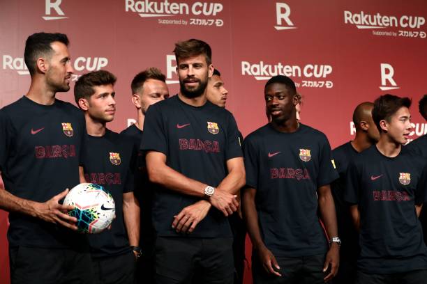 The players of Barcelona, during the presentation of the Rakuten Cup