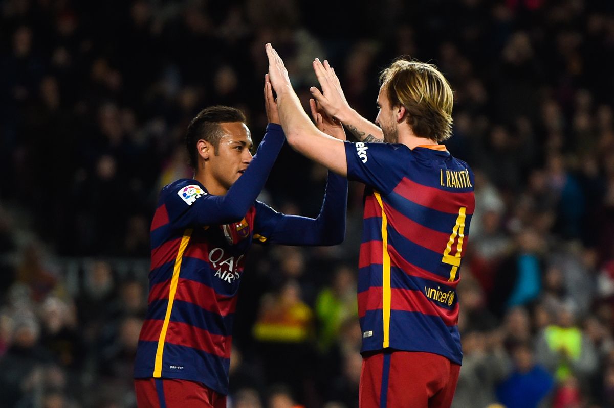 Neymar and Rakitic, during a match of the Barcelona