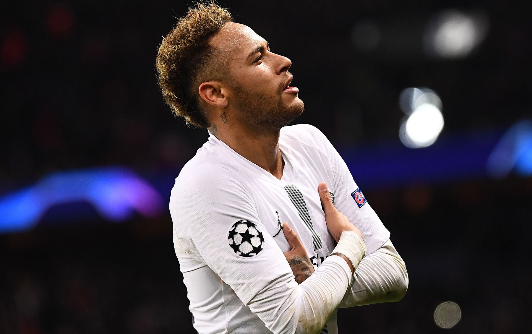 Neymar Jr, celebrating a goal in Champions League with PSG
