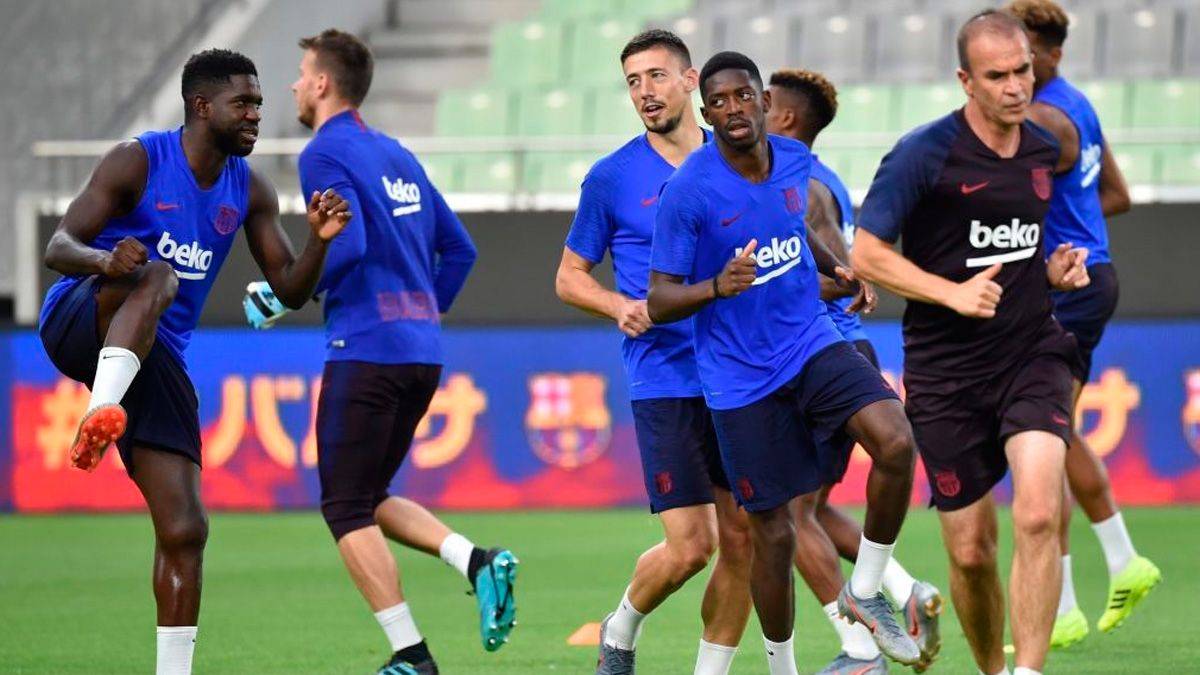 Samuel Umtiti en un entrenamiento del Barça