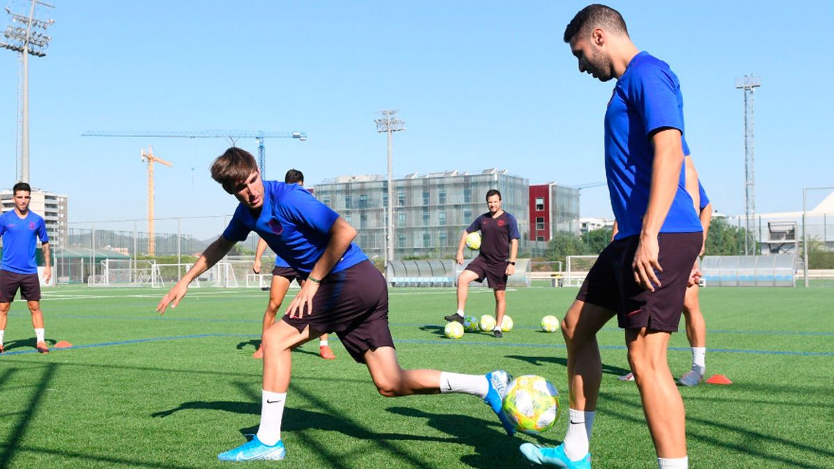 Juan Miranda and Abel Ruiz in a training session of Barça B | FCB