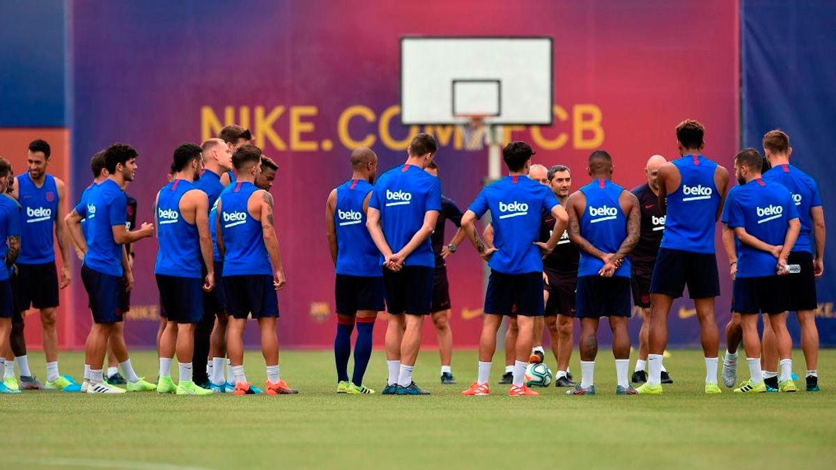 The players of FC Barcelona in a training session previous training to the Joan Gamper Trophy