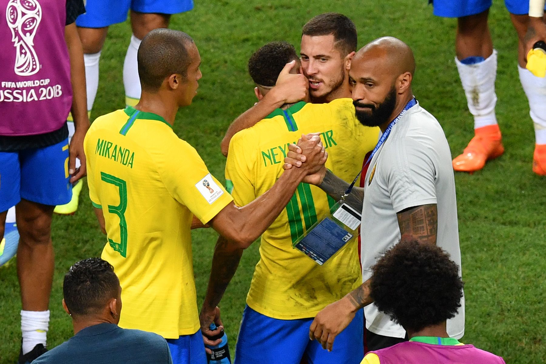 Neymar and Hazard hug in a national team match