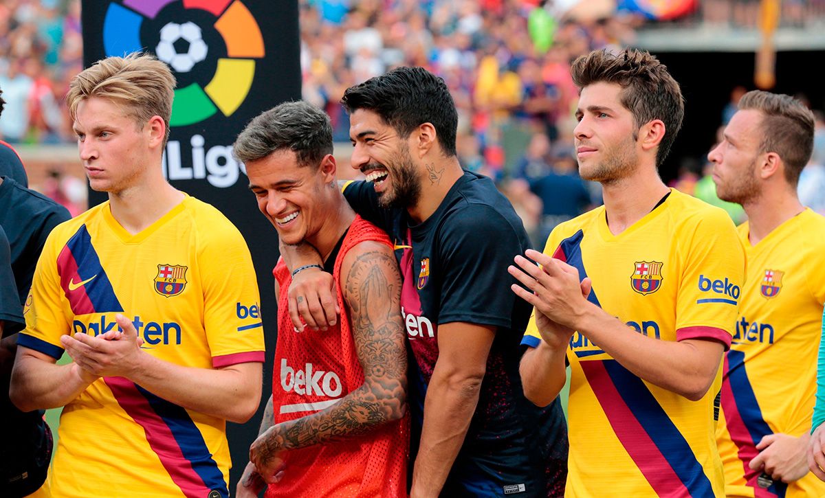 Los jugadores del Barça, celebrando el triunfo ante el Napoli