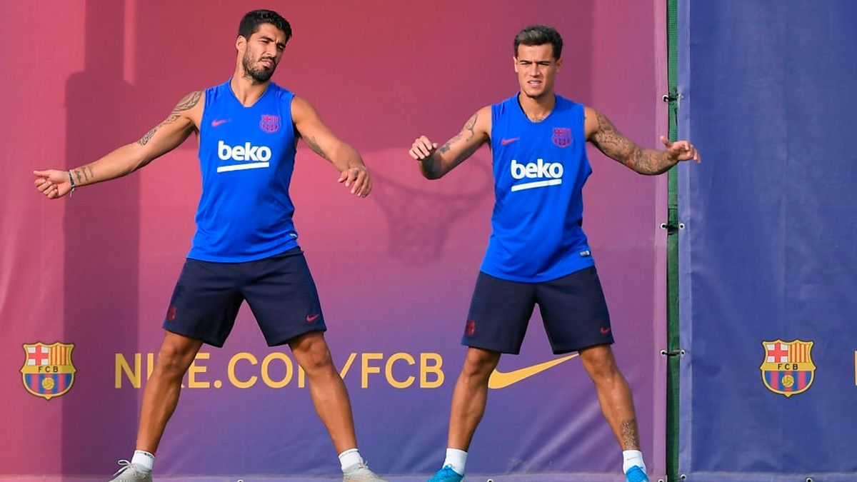 Luis Suárez y Philippe Coutinho en un entrenamiento del Barça