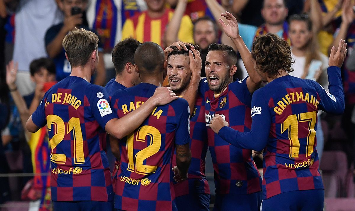 El FC Barcelona, celebrando uno de los goles contra el Betis