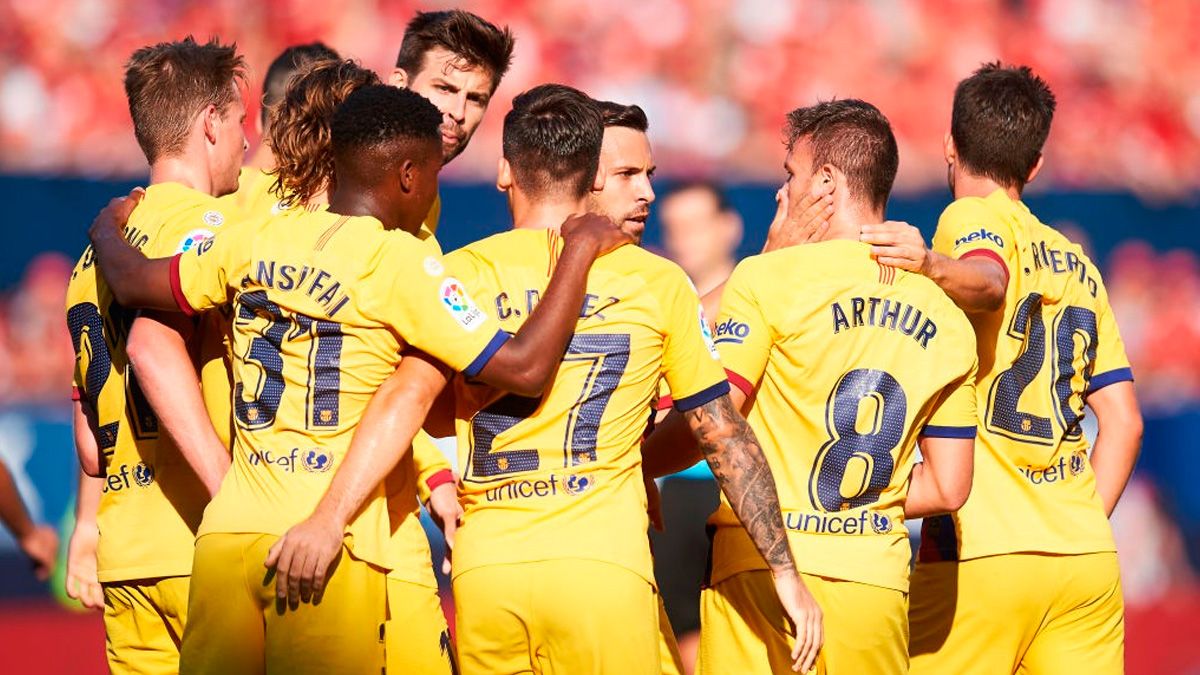 The players of Barça celebrate a goal in LaLiga