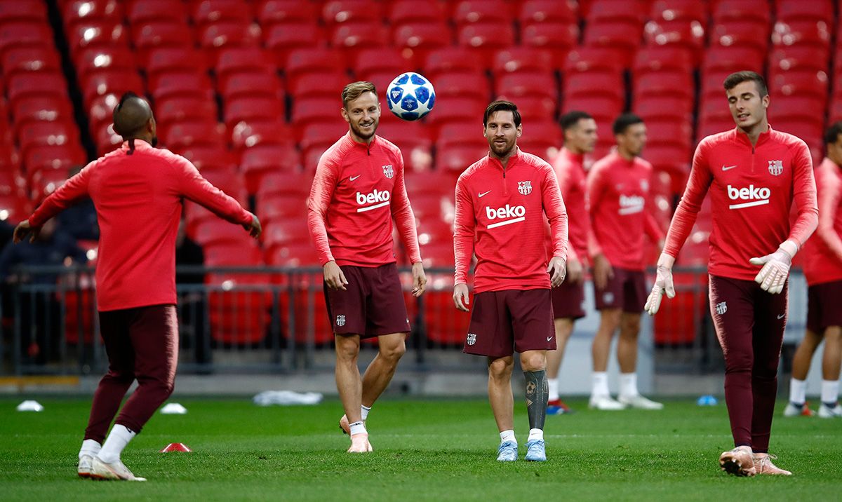 Ivan Rakitic and Leo Messi, during a training with Barça