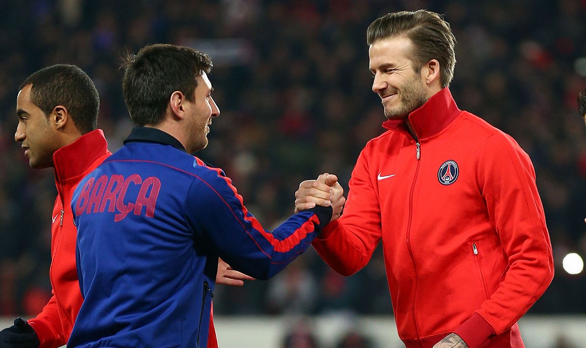 Leo Messi and David Beckham, greeting before a Barça-PSG
