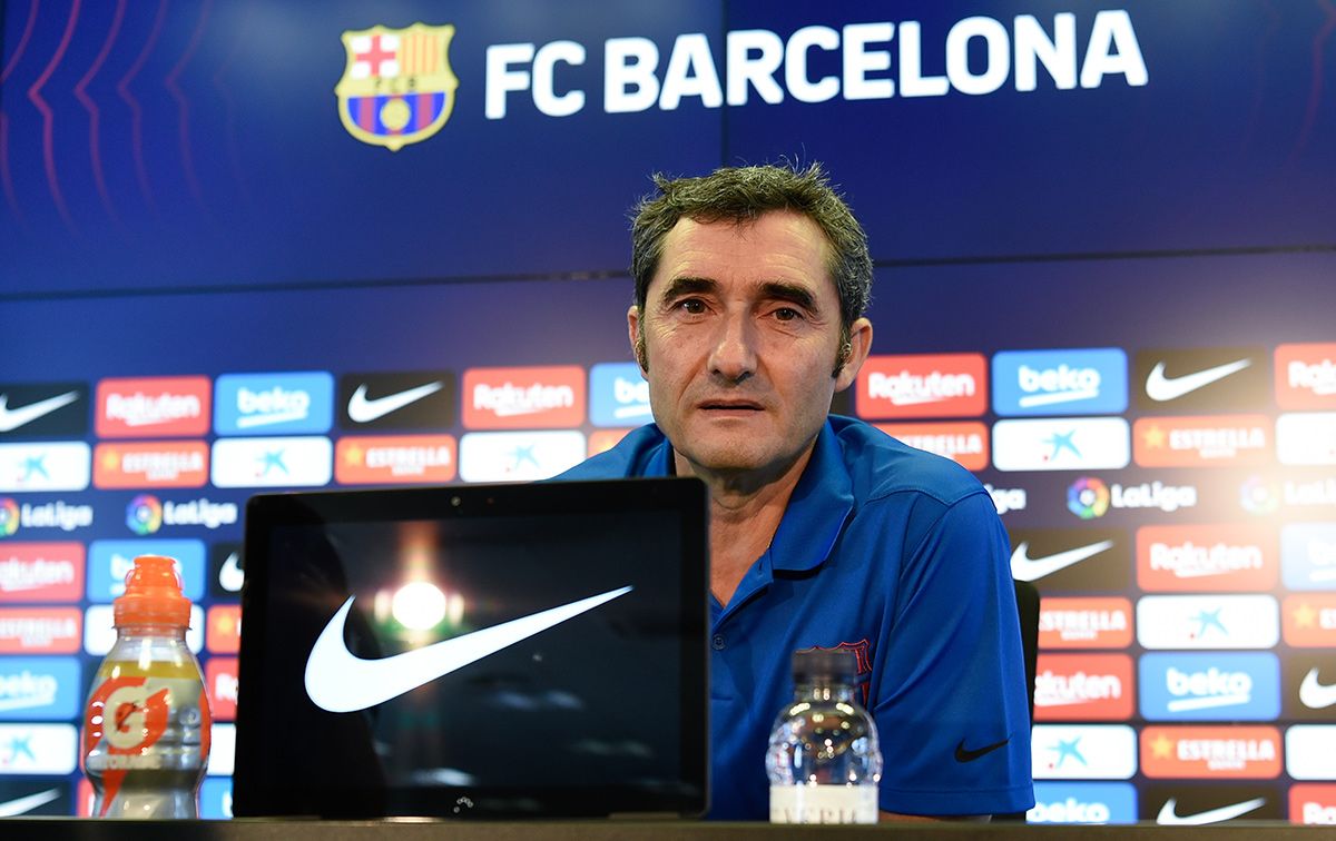 Ernesto Valverde, during a press conference of LaLiga with Barça