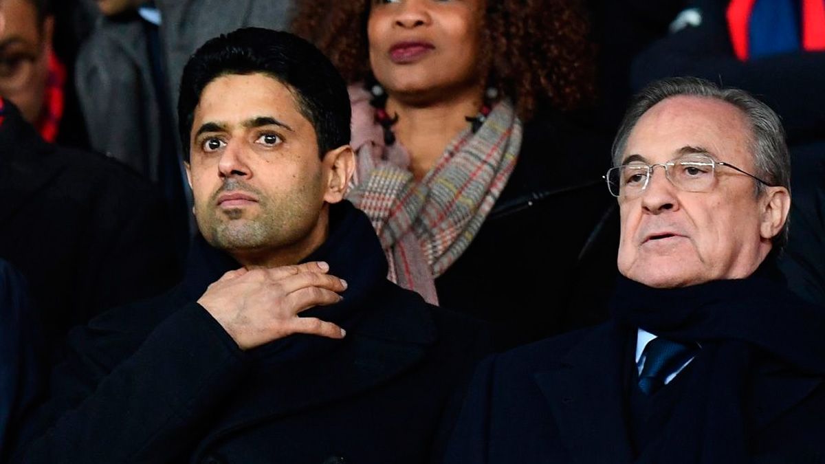 Nasser Al-Khelaïfi y Florentino Pérez en un partido de Champions