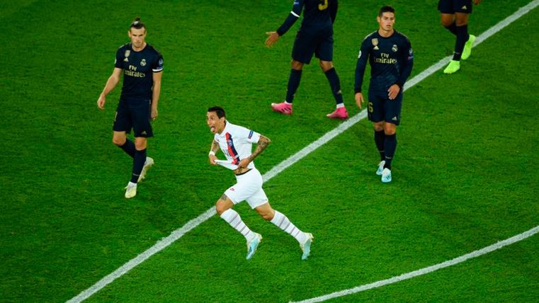 Ángel Di María celebra un gol del PSG al Real Madrid