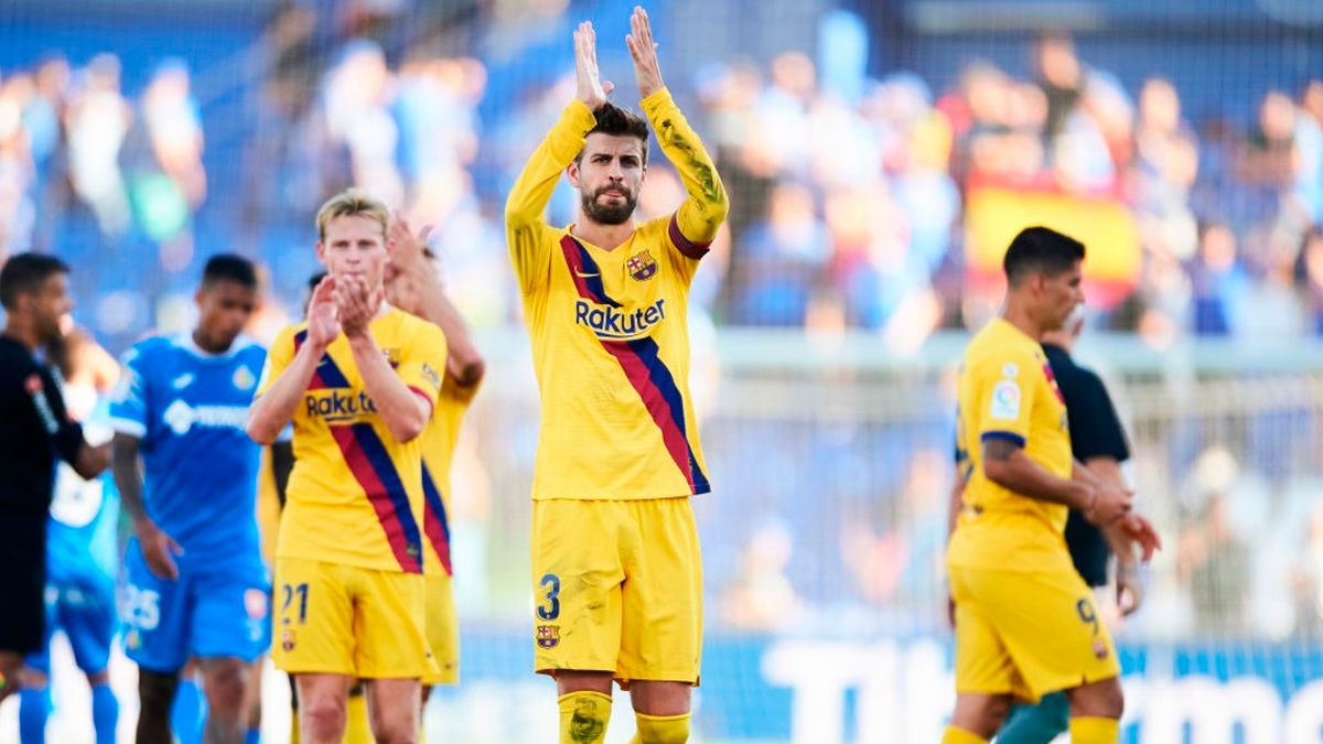 Los jugadores del Barça celebran un triunfo en LaLiga 2019-20