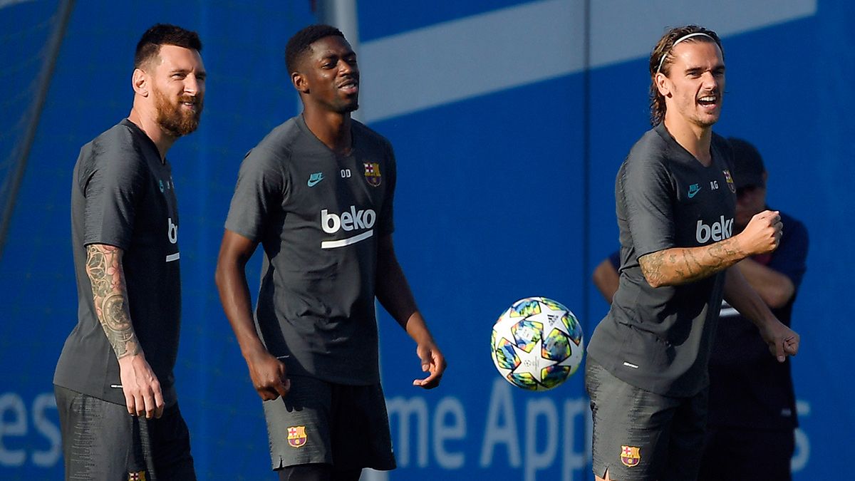 Ousmane Dembélé y Leo Messi en un entrenamiento del Barça