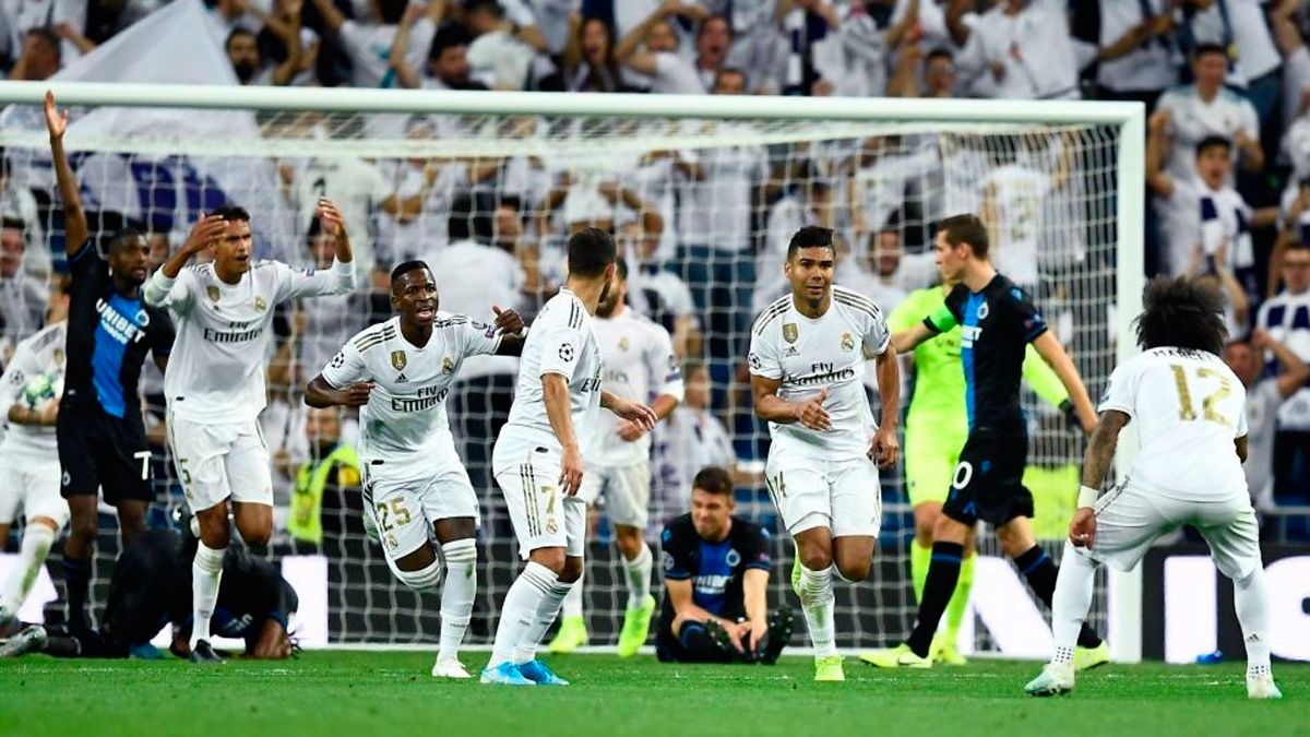 The players of Real Madrid celebrate a goal against Brugge
