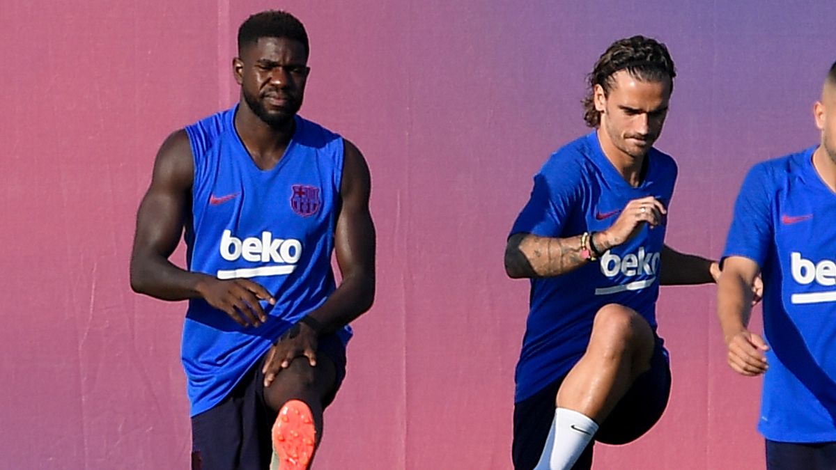 Samuel Umtiti en un entrenamiento del FC Barcelona