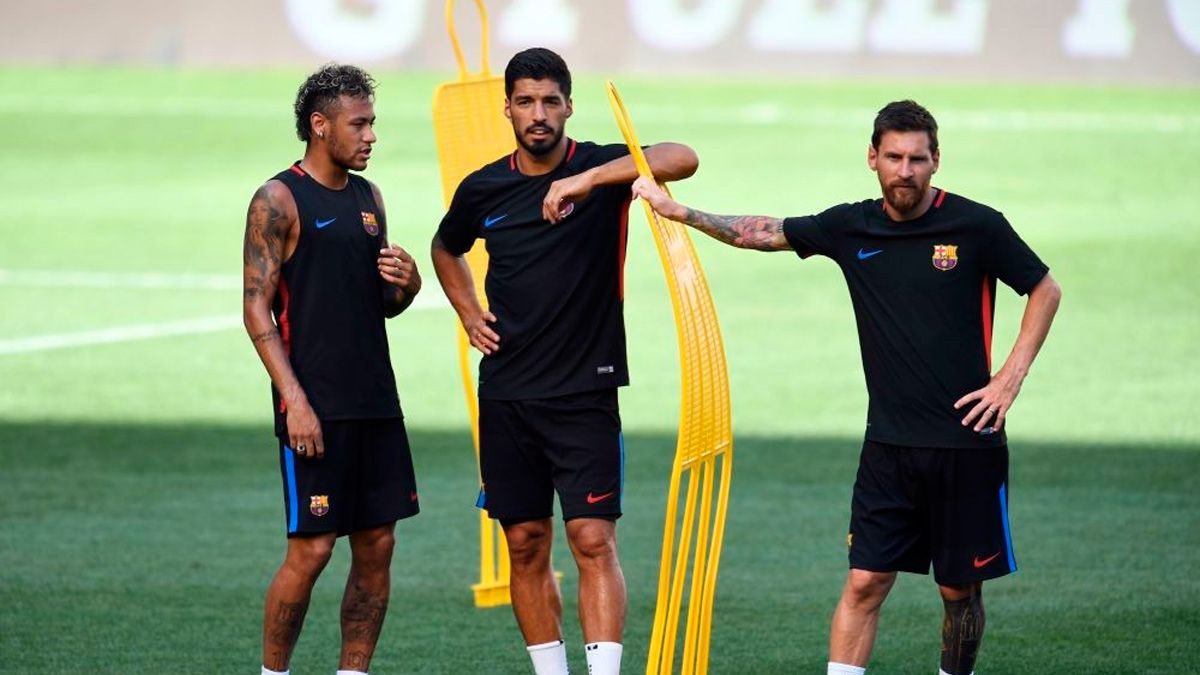 Neymar, Luis Suárez and Leo Messi in a training session of Barça