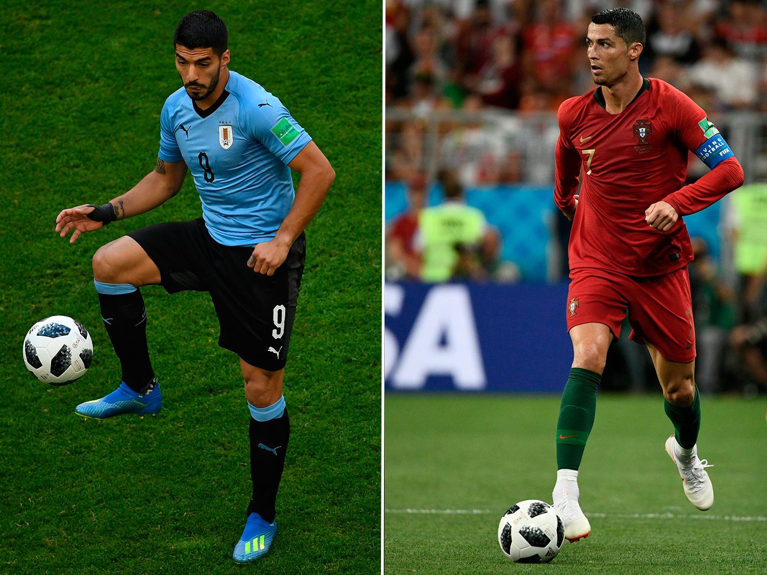 Luis Suárez en un partido con Uruguay y Cristiano en uno con Portugal