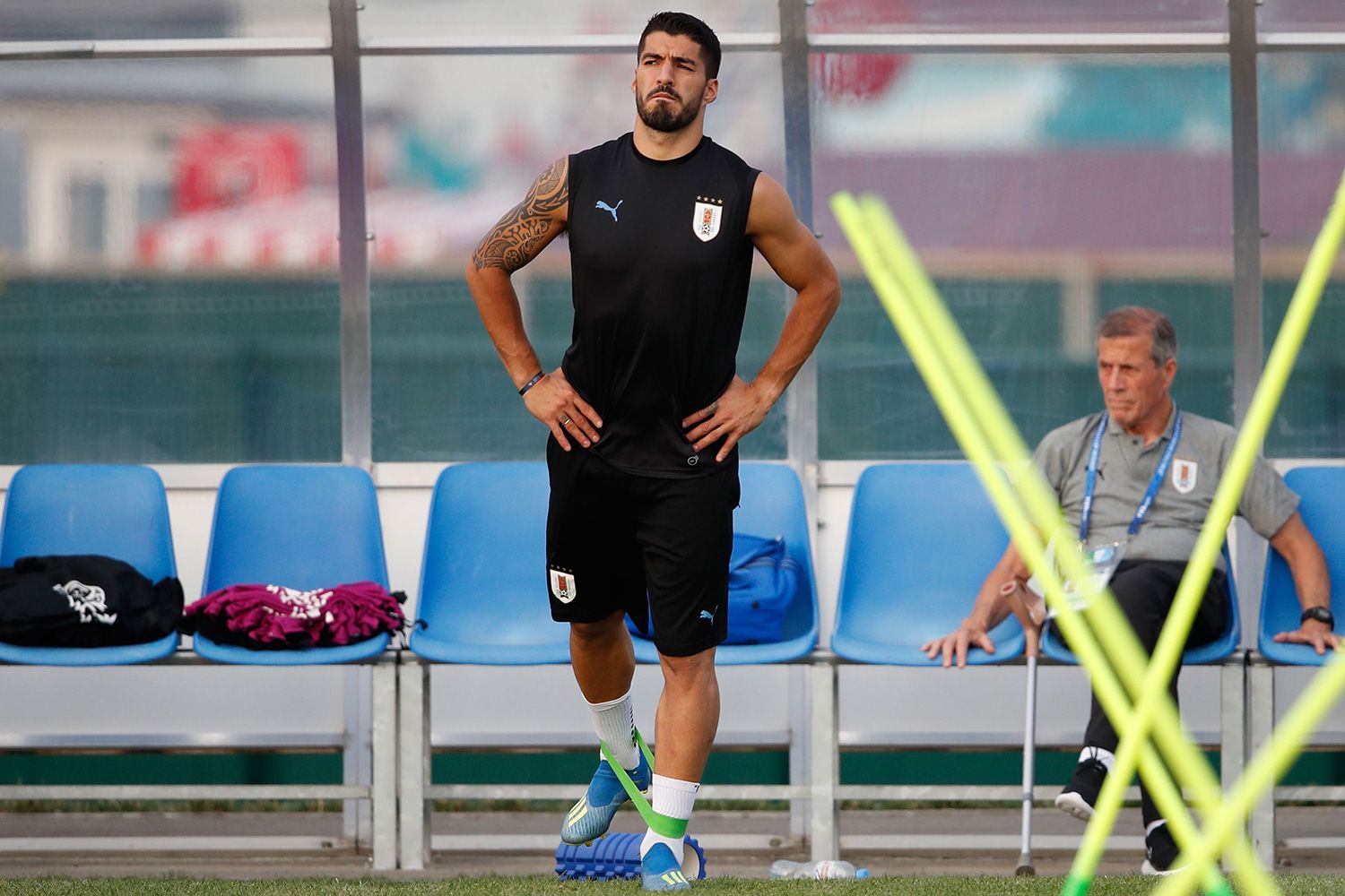 Luis Suárez y Tabárez en un entrenamiento