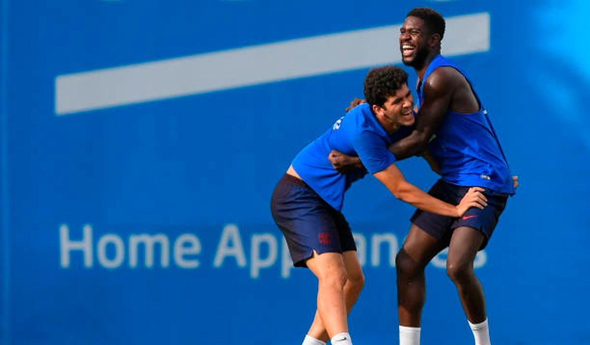 Samuel Umtiti, in a training of the Barcelona