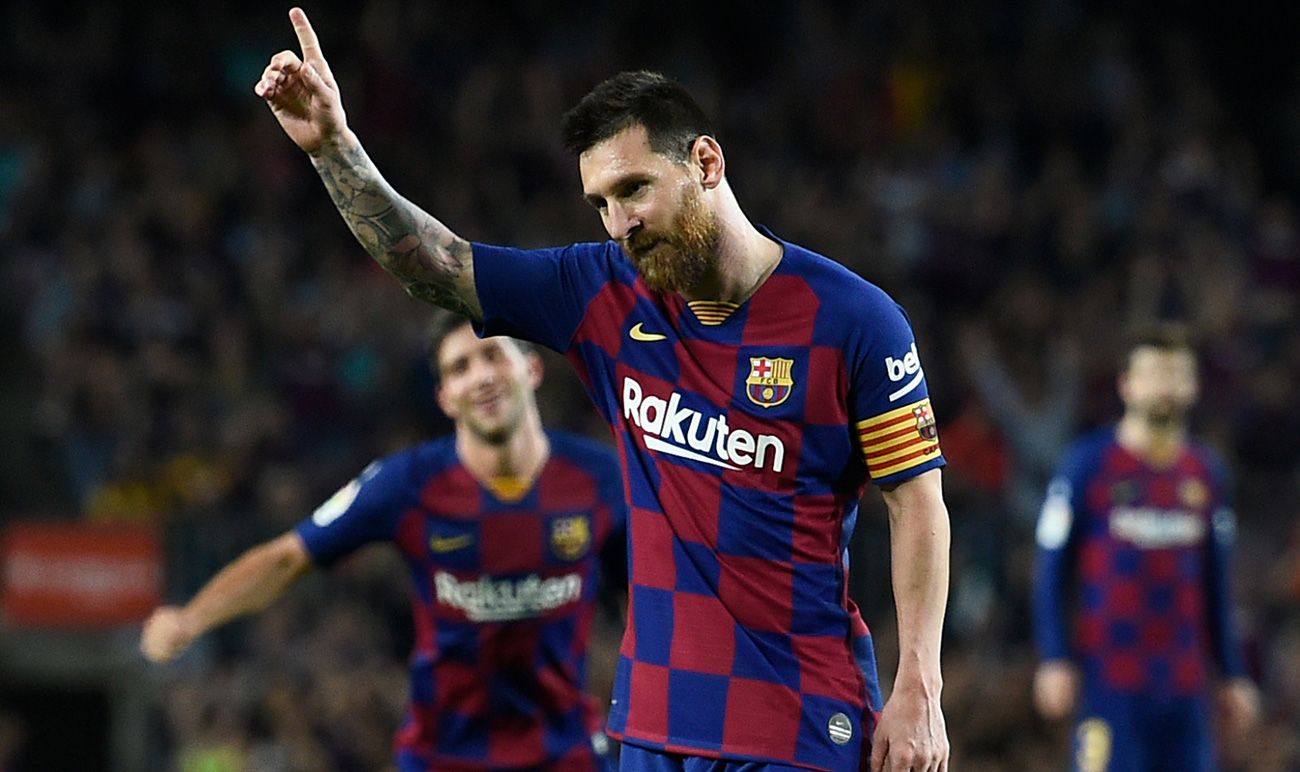 Leo Messi celebrates one of his goals with the Barça