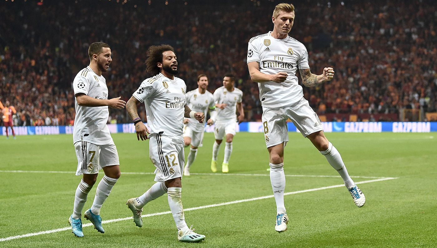 Kroos, Marcelo and Hazard celebrate a goal