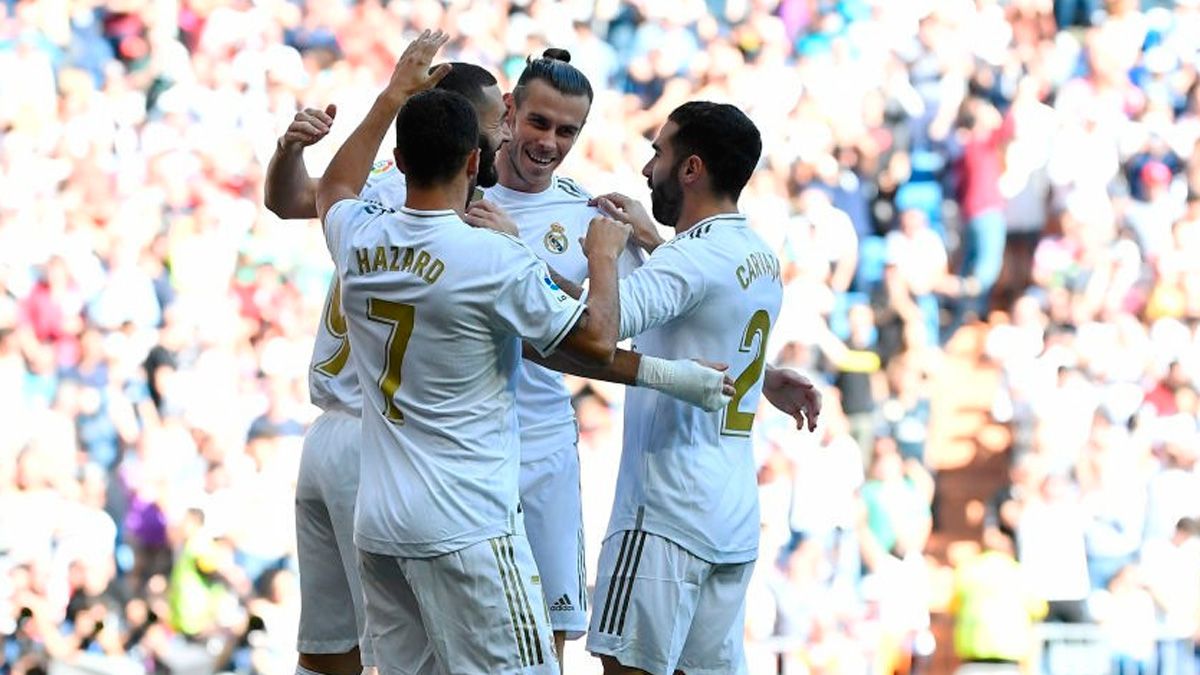 The players of Real Madrid celebrate a goal in LaLiga
