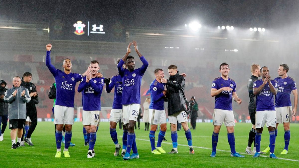 The Leicester players celebrate a victory in the Premier League