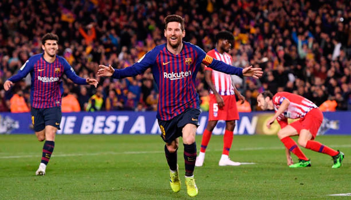 Leo Messi, celebrating a goal against the Atleti