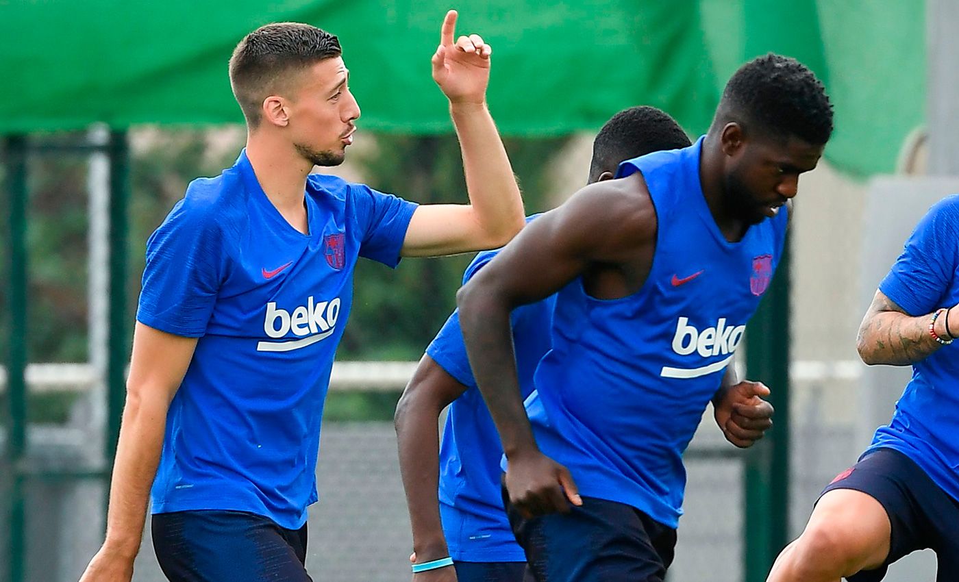 Lenglet And Umtiti in a training of the Barça