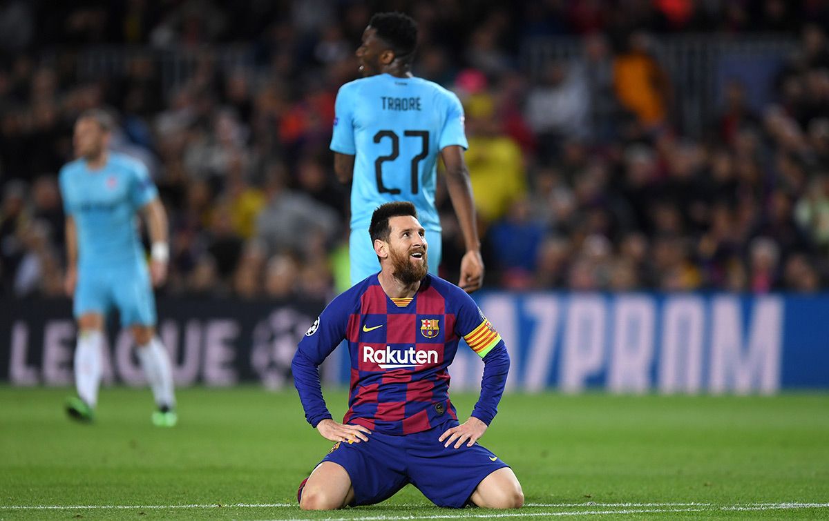 Leo Messi, lamentándose por una ocasión fallada contra el Slavia