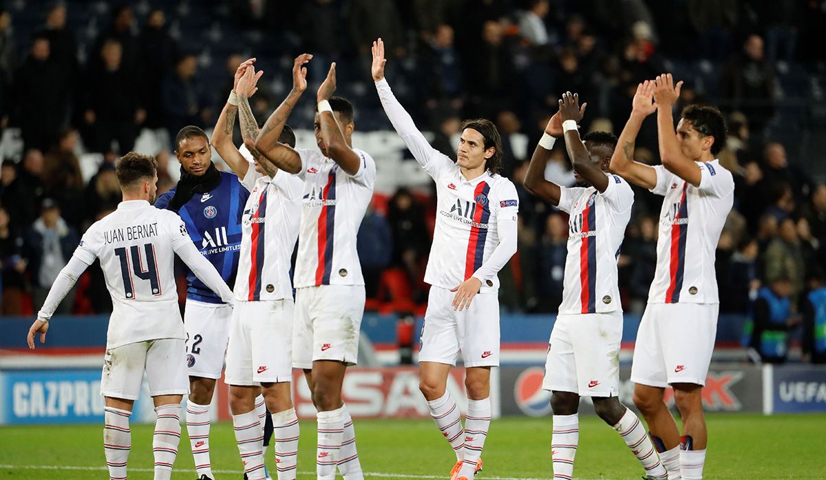 El Paris Saint-Germain, celebrando la victoria contra el Brujas (1-0)