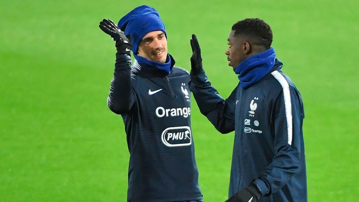 Antoine Griezmann and Ousmane Dembélé in a training session of the french national team