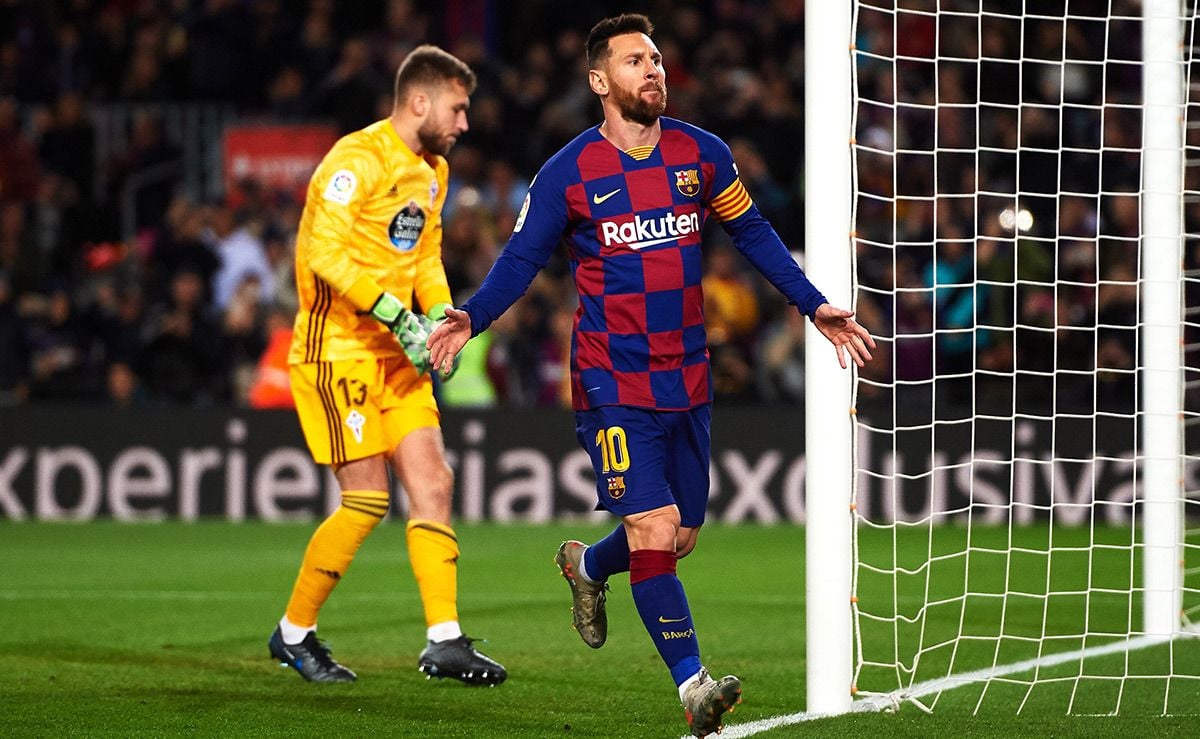 Leo Messi, celebrando el gol de falta contra el Celta