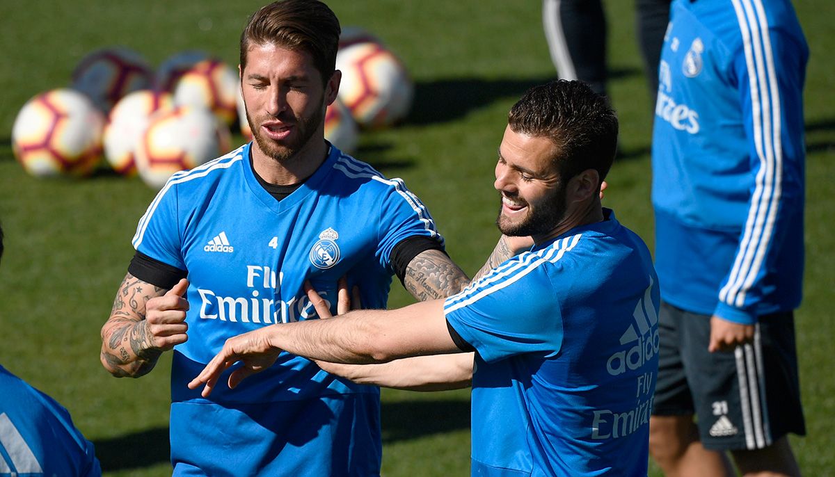 Sergio Ramos and Nacho, during a training of the Real Madrid