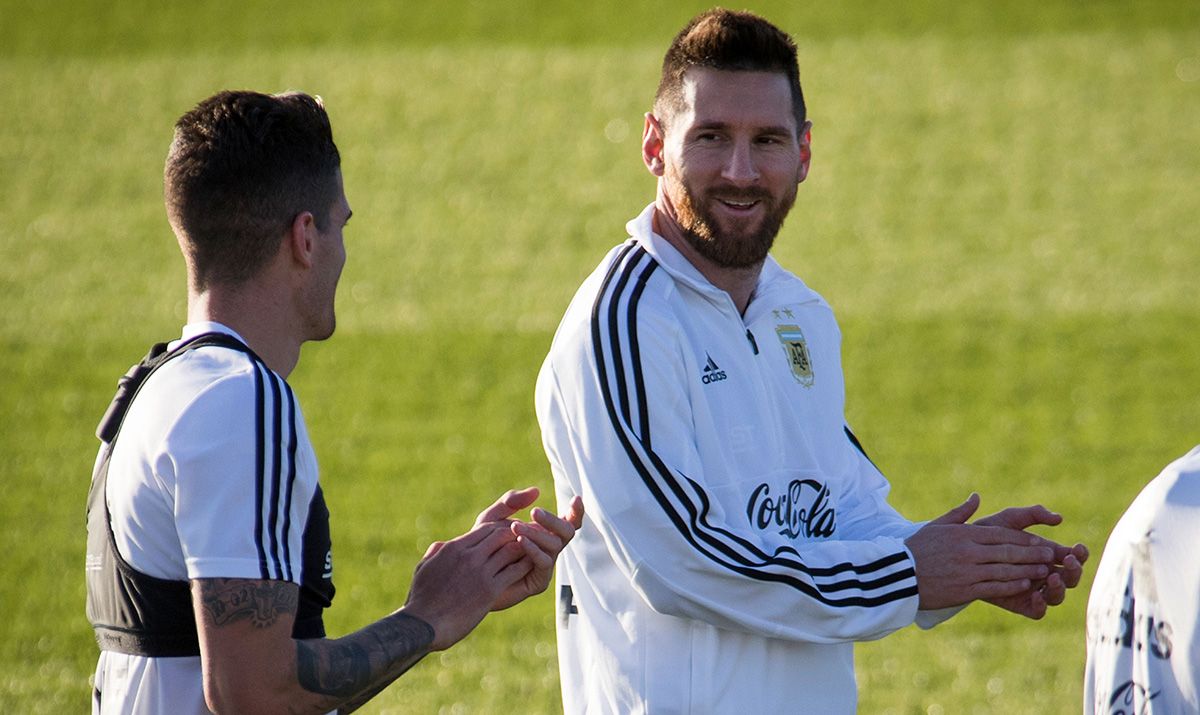 Leo Messi, during a training with the national team of Argentina