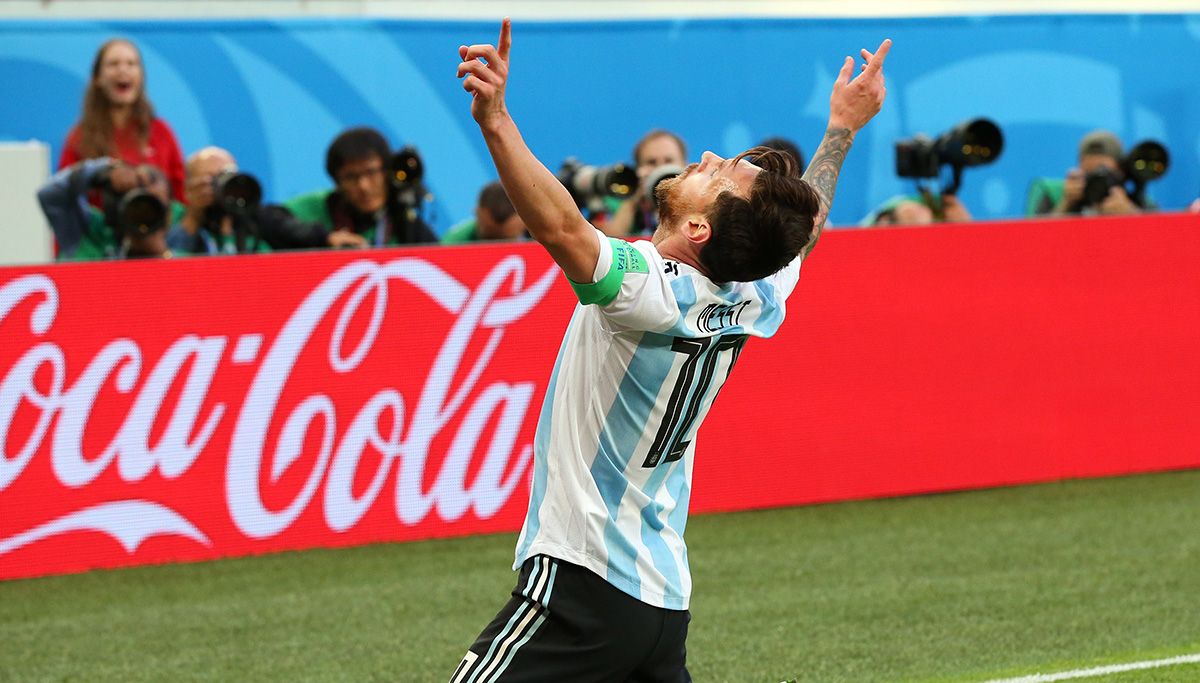 Leo Messi, celebrating a goal with Argentina in the World Cup 2018