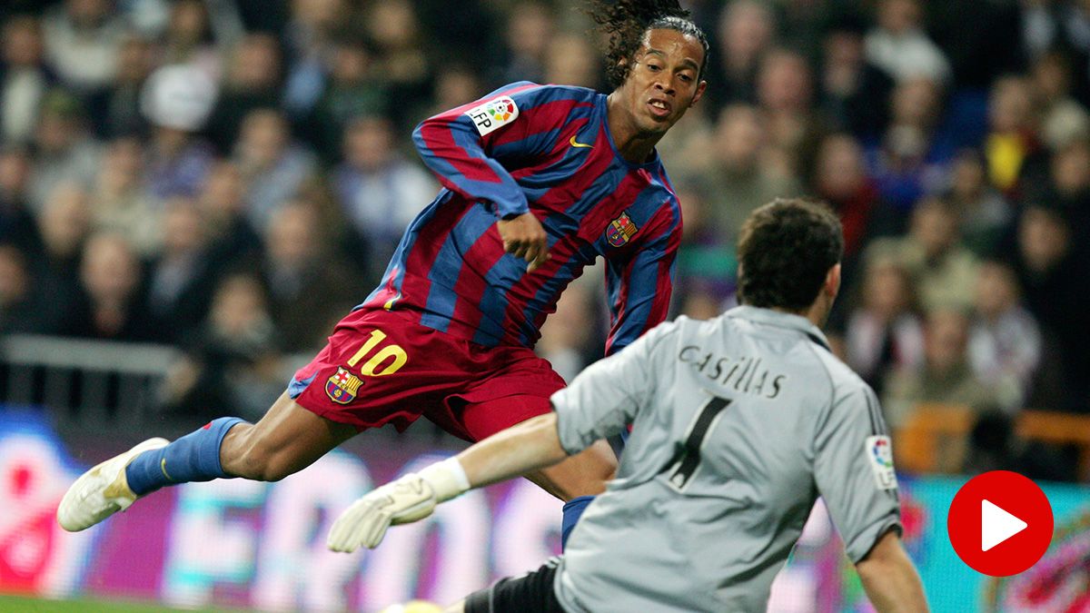 Ronaldinho Gaúcho, scoring a goal against the Real Madrid in the Bernabéu